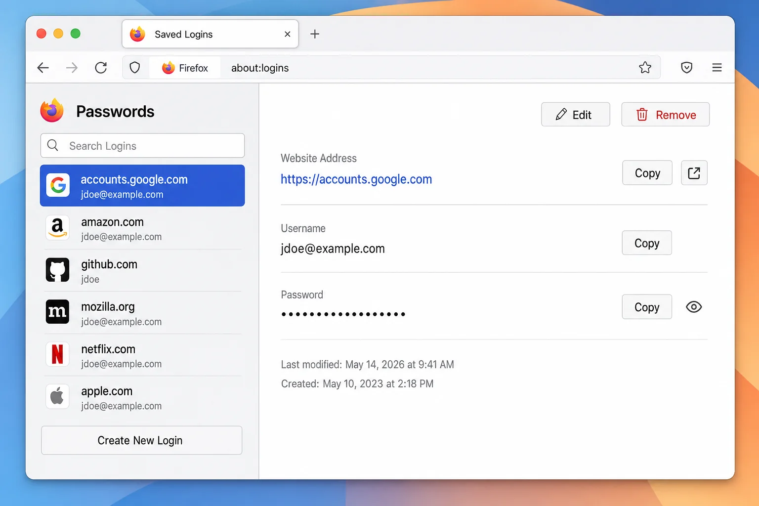 Firefox Saved Logins page at about:logins showing the list of saved sites on the left, with a selected entry displaying username and masked password on the right, plus the eye icon and Edit/Remove buttons