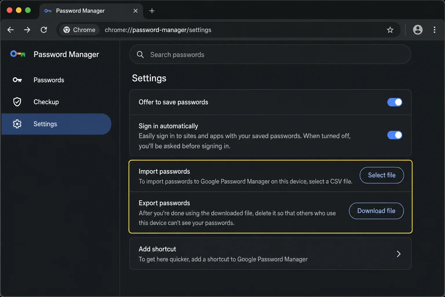 Chrome Password Manager Settings page at chrome://password-manager/settings showing the Export passwords button and Offer to save passwords toggle