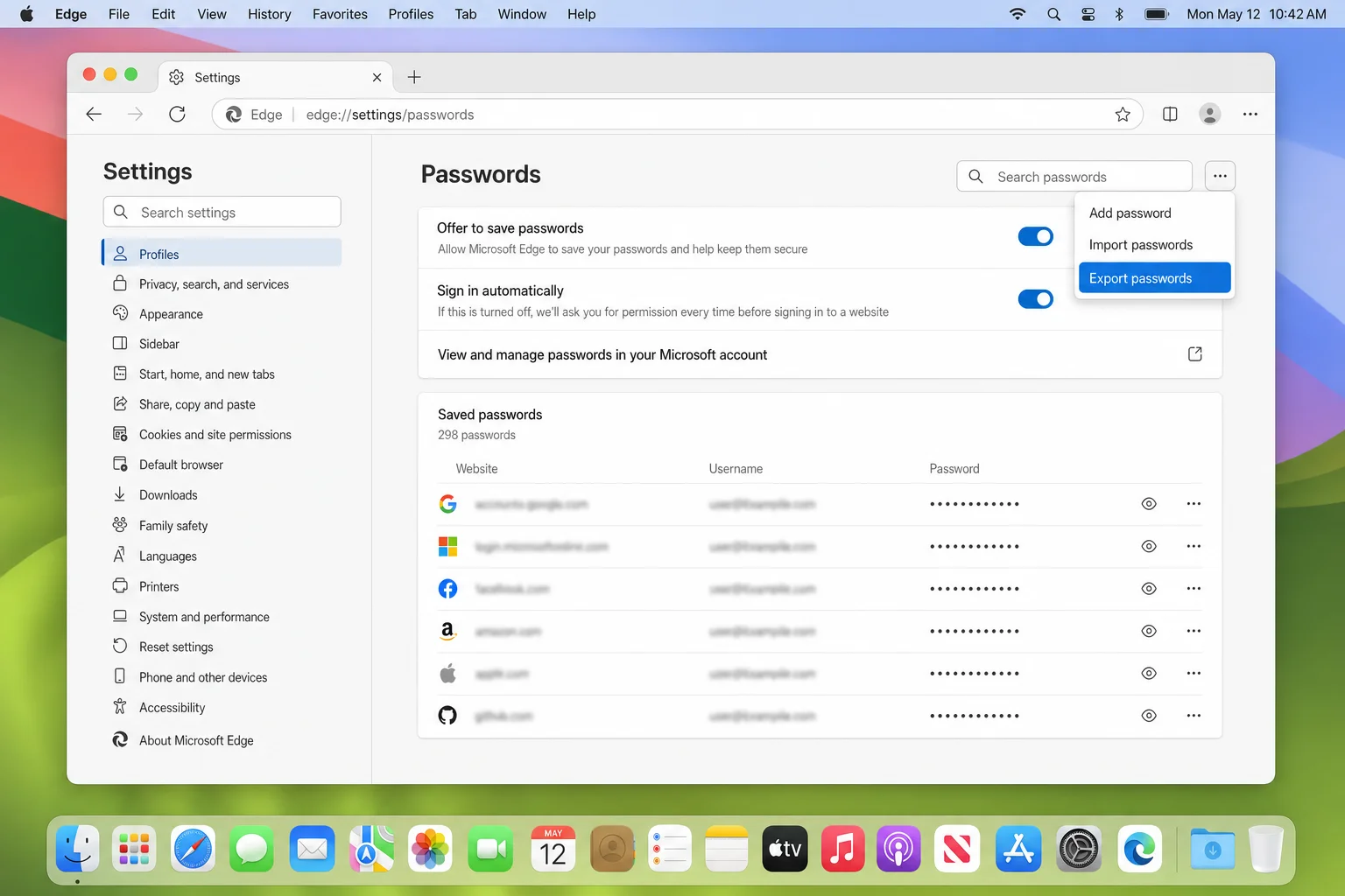 Microsoft Edge Passwords settings page with the three-dot overflow menu open showing the Export passwords option highlighted