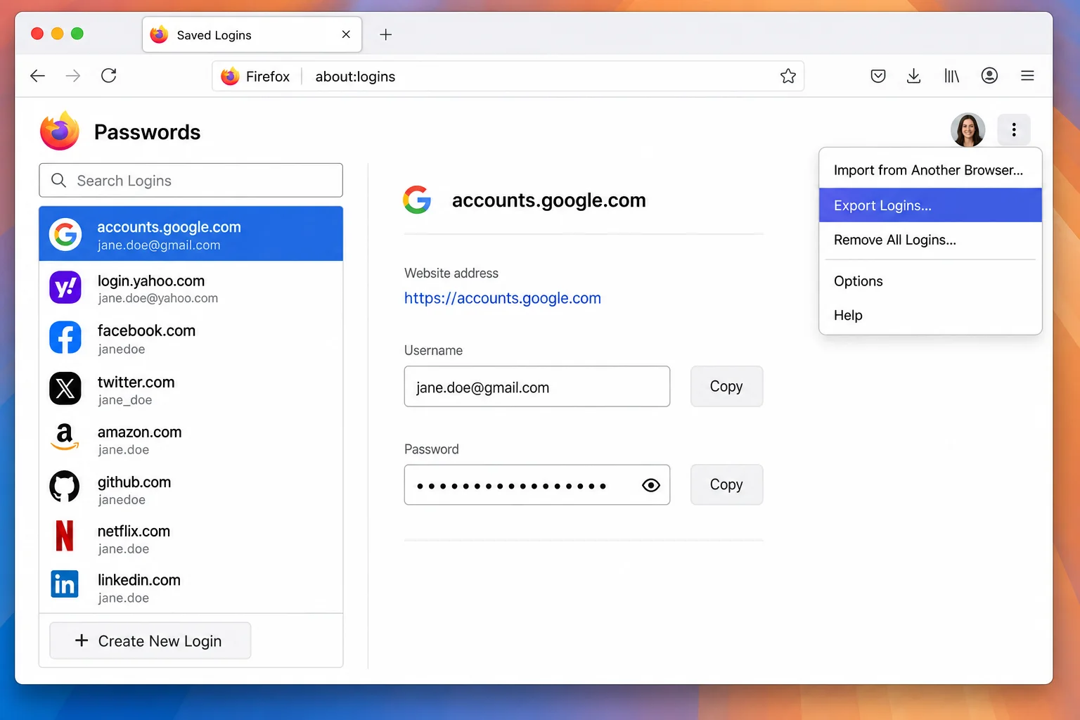 Firefox Saved Logins page with the three-dot overflow menu open showing Export Logins and Remove All Logins options
