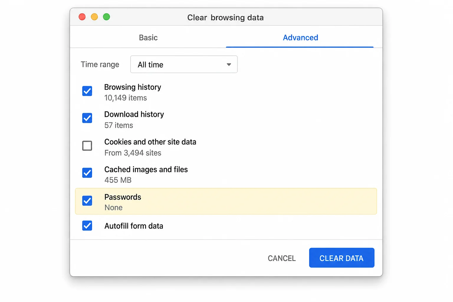 Chrome Clear Browsing Data dialog on the Advanced tab with the Passwords and other sign-in data checkbox visible and highlighted