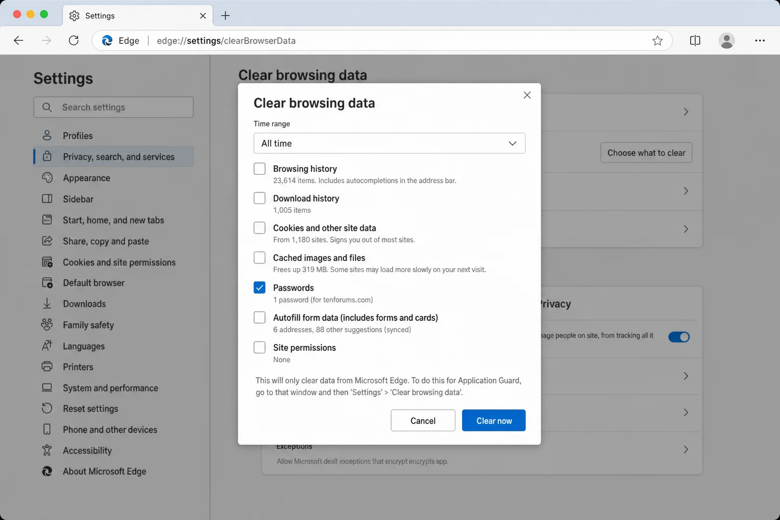 Microsoft Edge Clear Browsing Data panel showing the Passwords checkbox option for bulk-deleting all saved passwords
