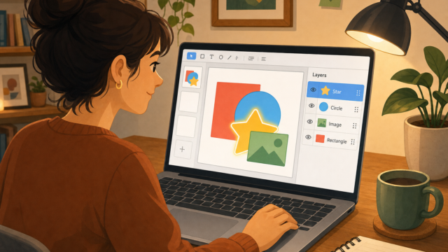 Woman with dark hair in a bun sits at a desk using a laptop to edit digital graphics with shapes and layers visible on screen.