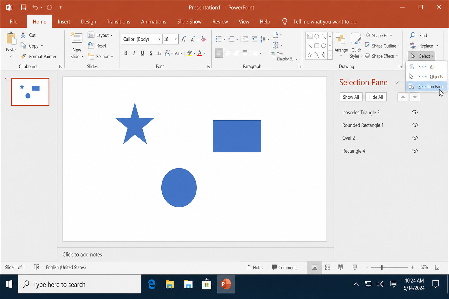 PowerPoint ribbon showing Home tab with Select dropdown open and Selection Pane option highlighted