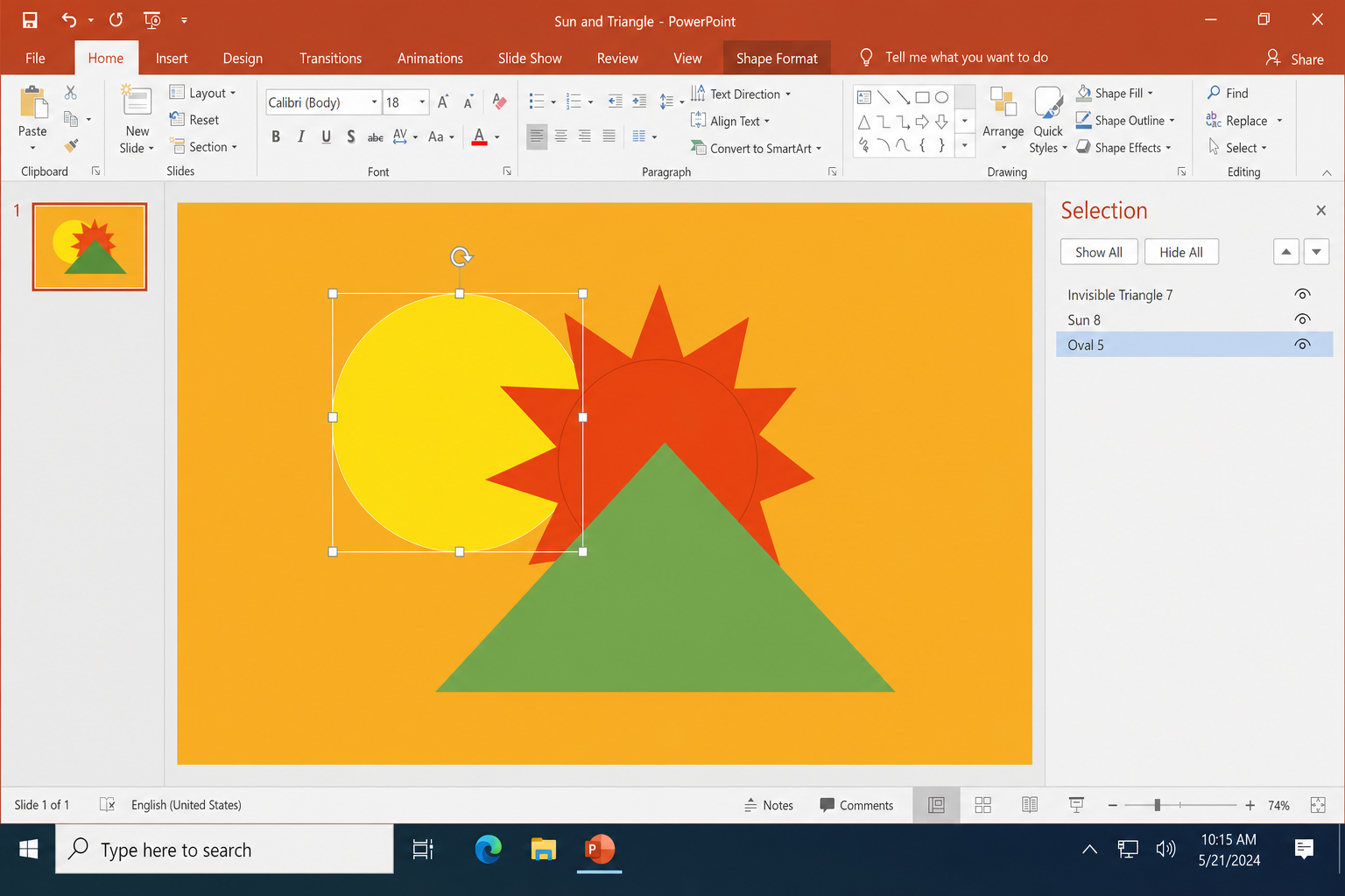 Selection Pane open on the right side of PowerPoint showing a list of layered objects with eye icons for visibility toggle
