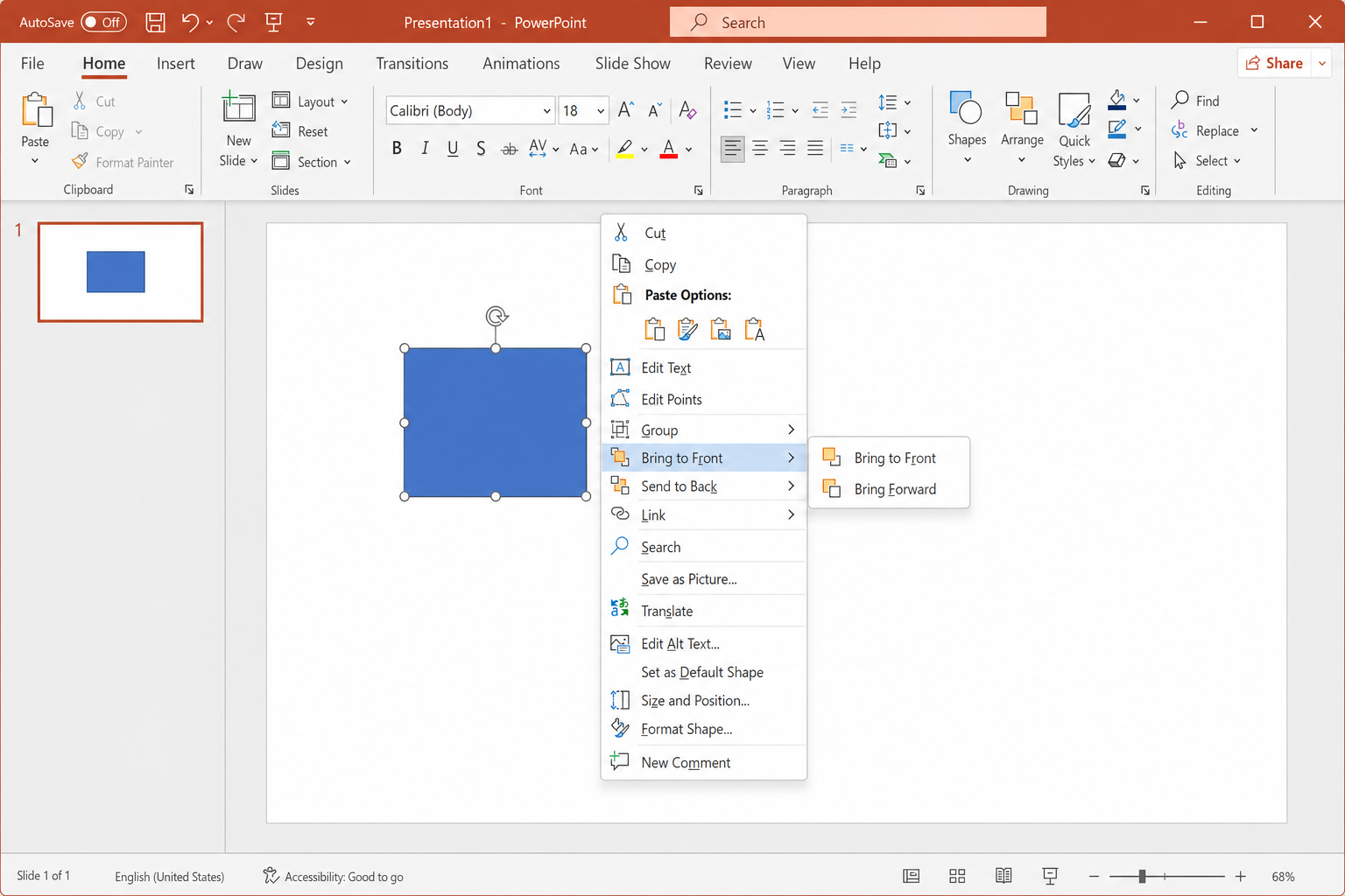 Right-click context menu on a selected shape in PowerPoint showing Bring to Front and Send to Back submenu options