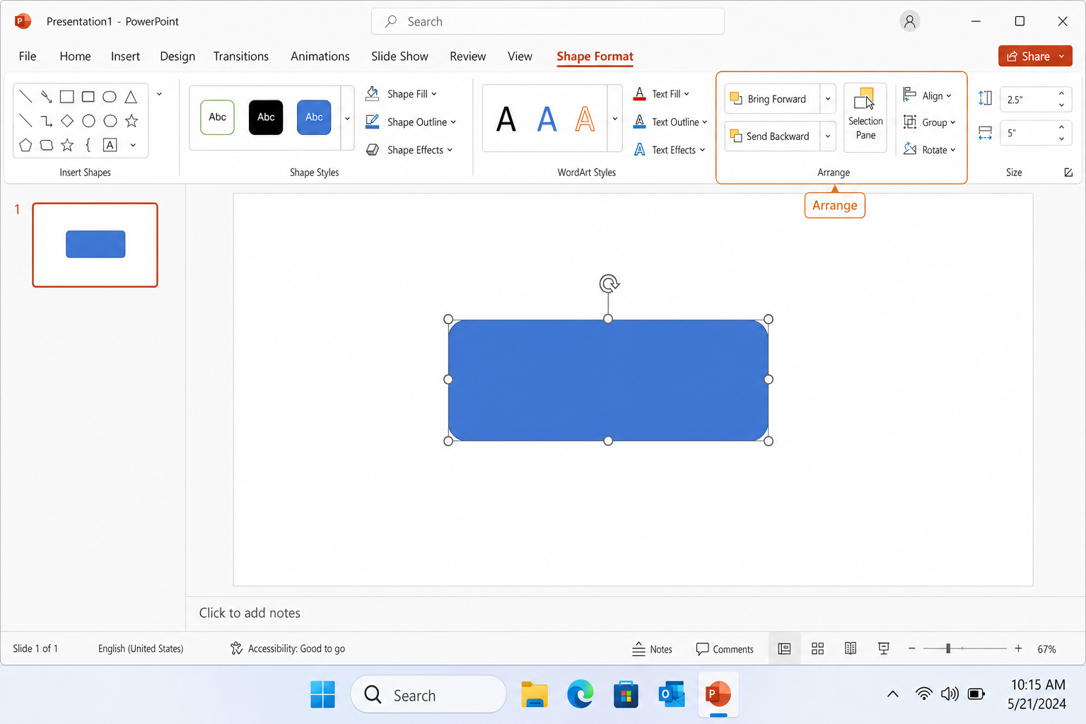 Shape Format tab on the PowerPoint ribbon with the Arrange group visible, showing Bring Forward and Send Backward dropdown buttons