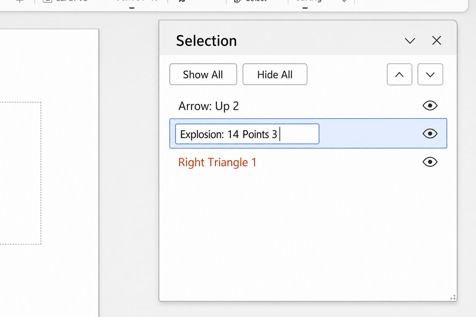 Selection Pane with one object name in edit mode, showing a text cursor inside the name field with a descriptive name being typed