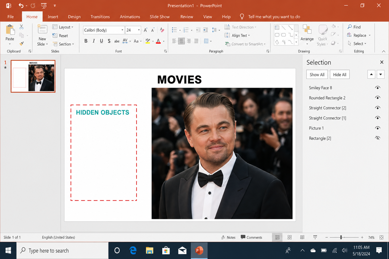 Selection Pane showing an eye icon next to an object name being clicked, with that object hidden from the slide canvas in the background