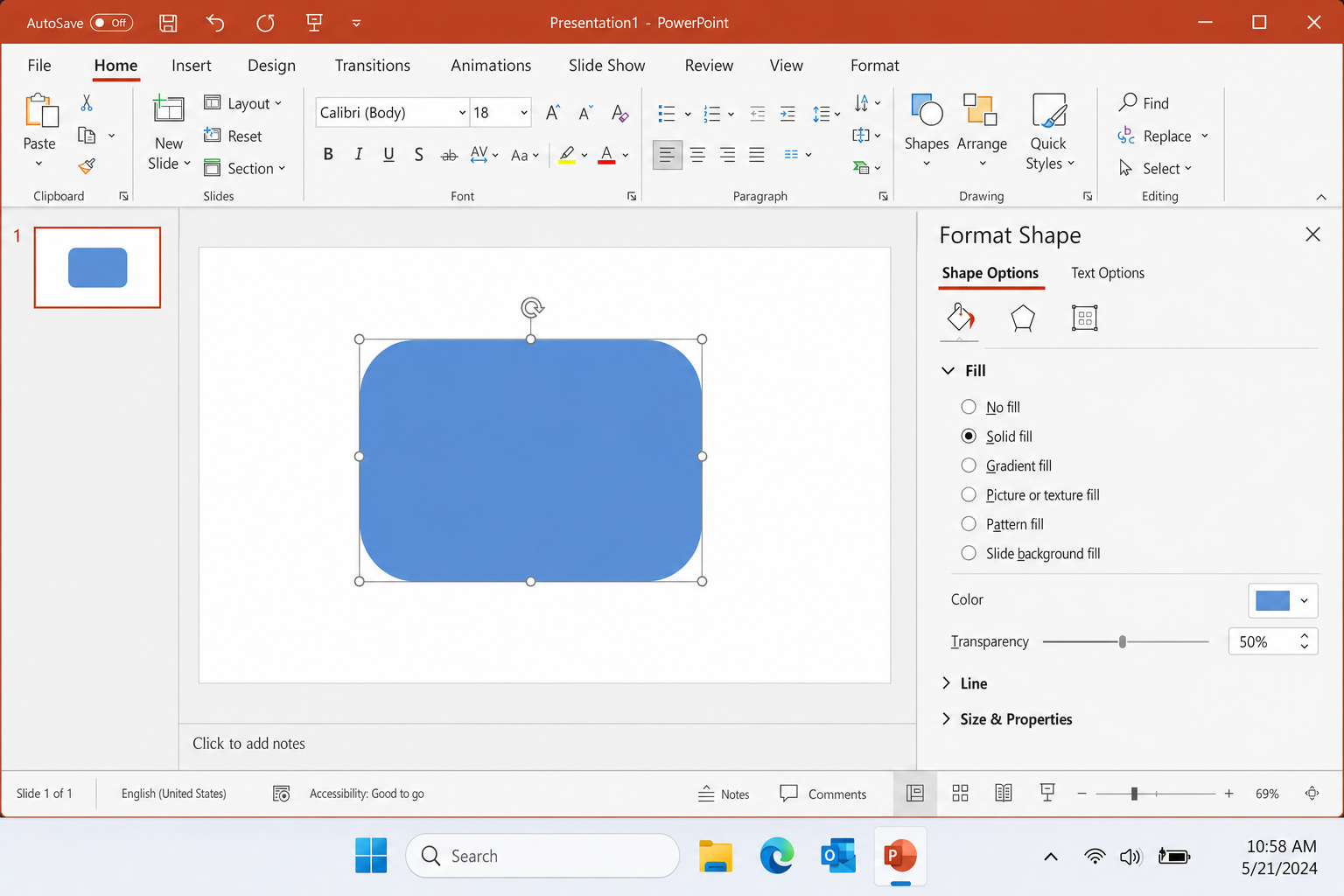 Format Shape pane open on the right side of PowerPoint with the Fill section expanded and the Transparency slider visible, set to approximately 50%