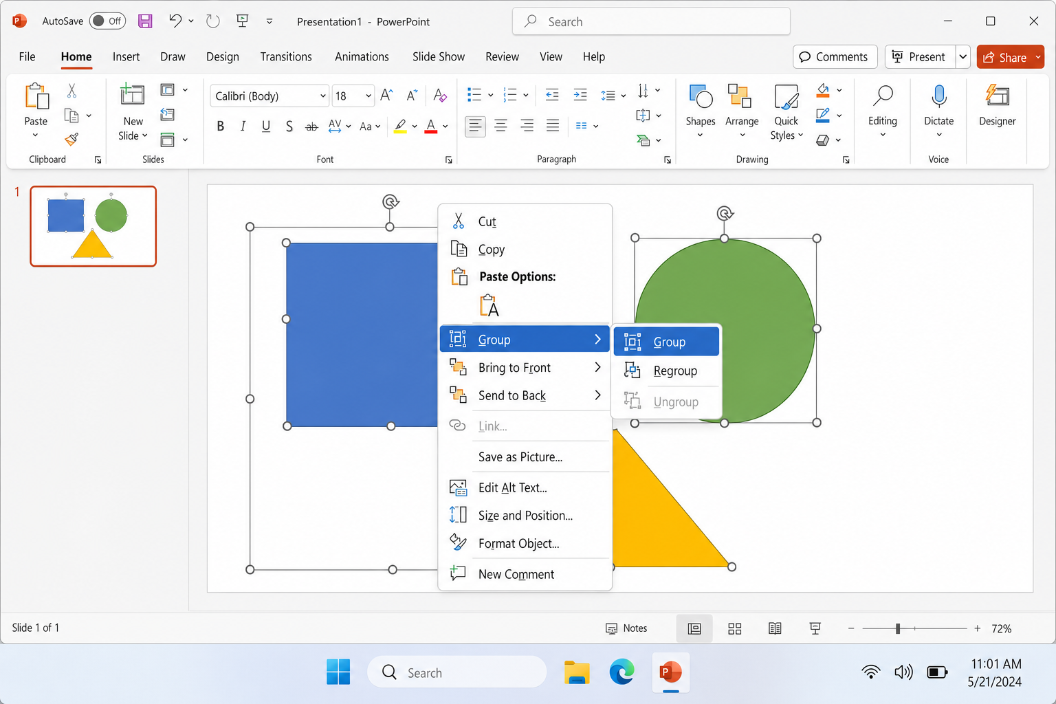 Right-click context menu on multiple selected shapes in PowerPoint showing the Group submenu with the Group option highlighted