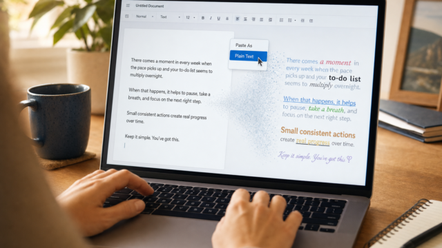 Person typing on a laptop with a word processor window open, showing a Paste As menu highlighting Plain Text to paste content.