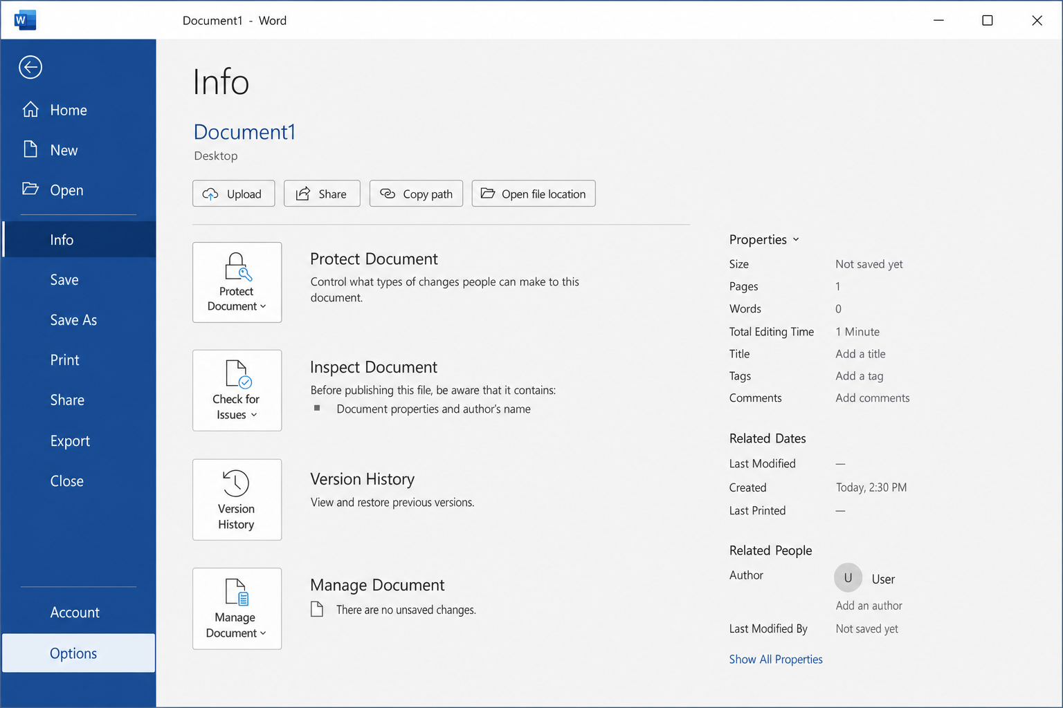 Word with File menu open, Options item highlighted at the bottom of the left sidebar