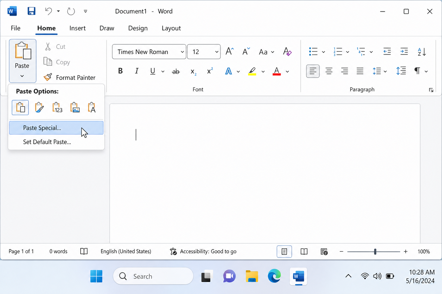 Home tab with Paste dropdown open showing Paste Special option