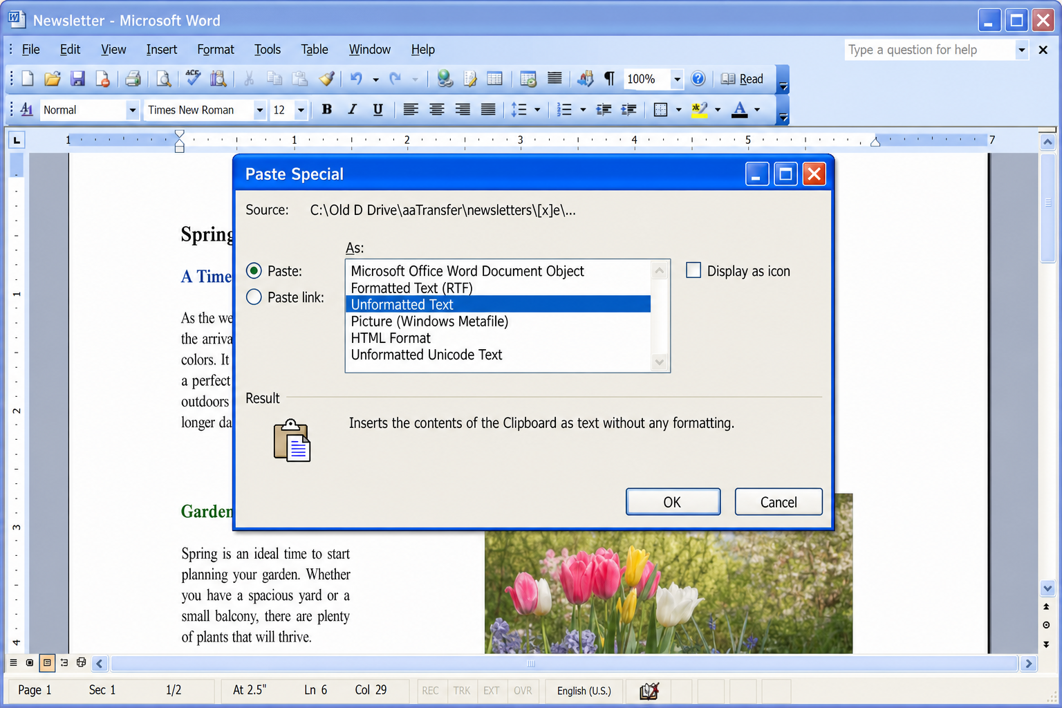 Paste Special dialog with Unformatted Text selected in the list