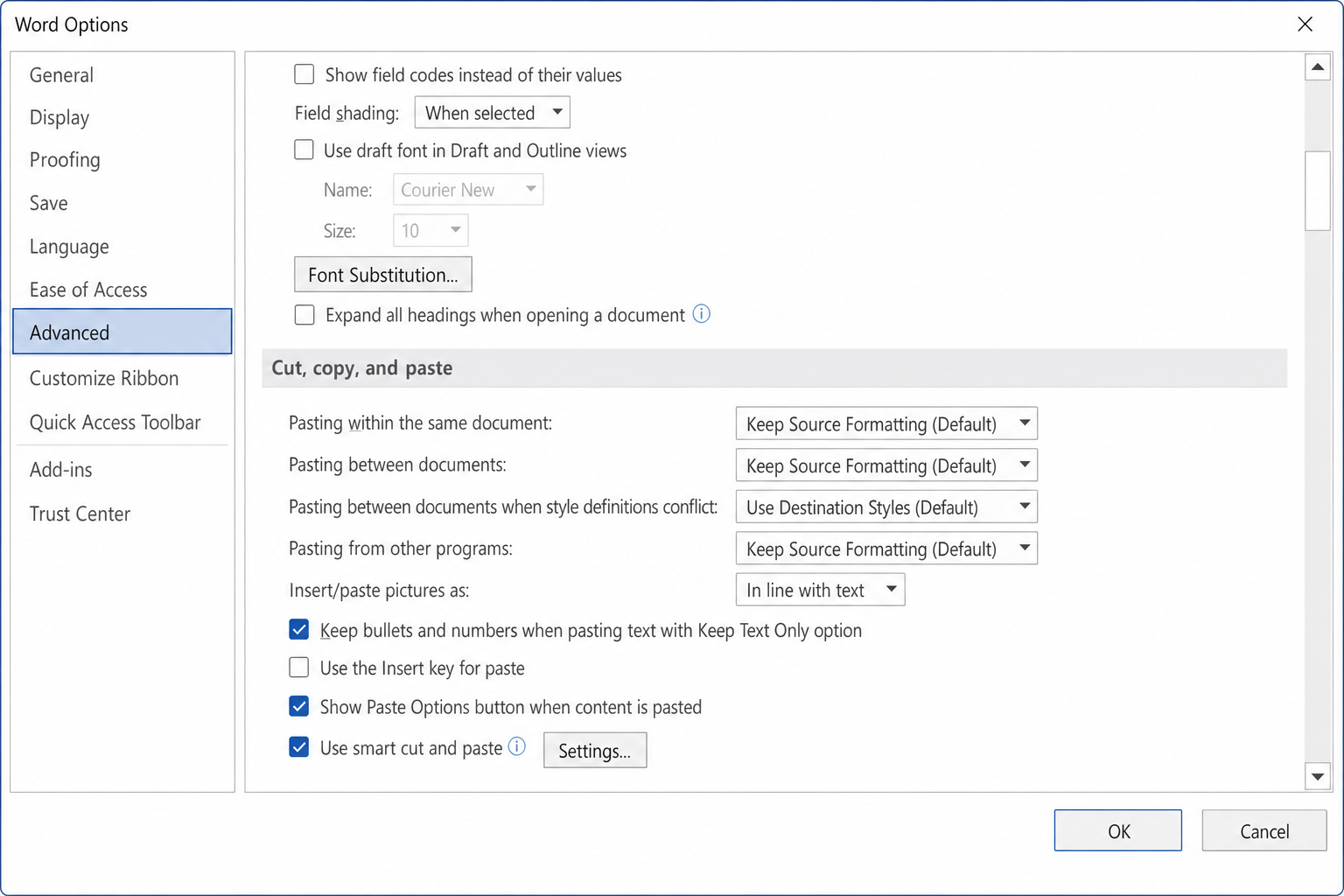 Word Options dialog with Advanced selected in the left sidebar