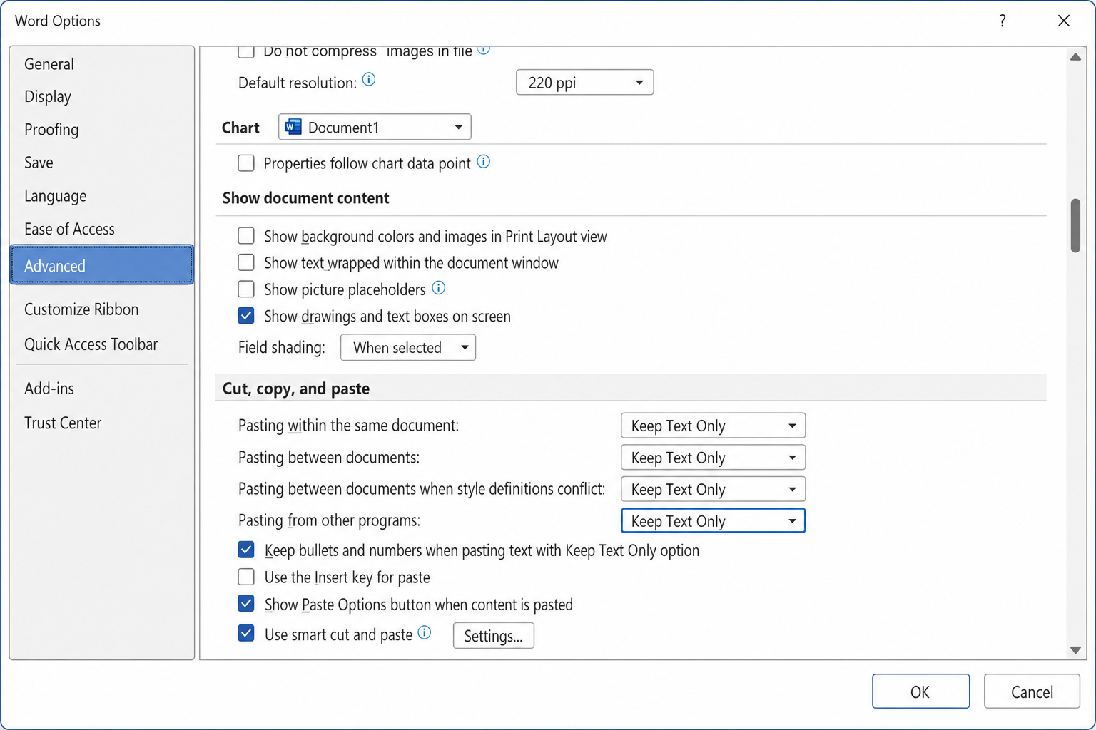 Word Options > Advanced > Cut, copy, and paste section with "Pasting from other programs" dropdown set to "Keep Text Only"