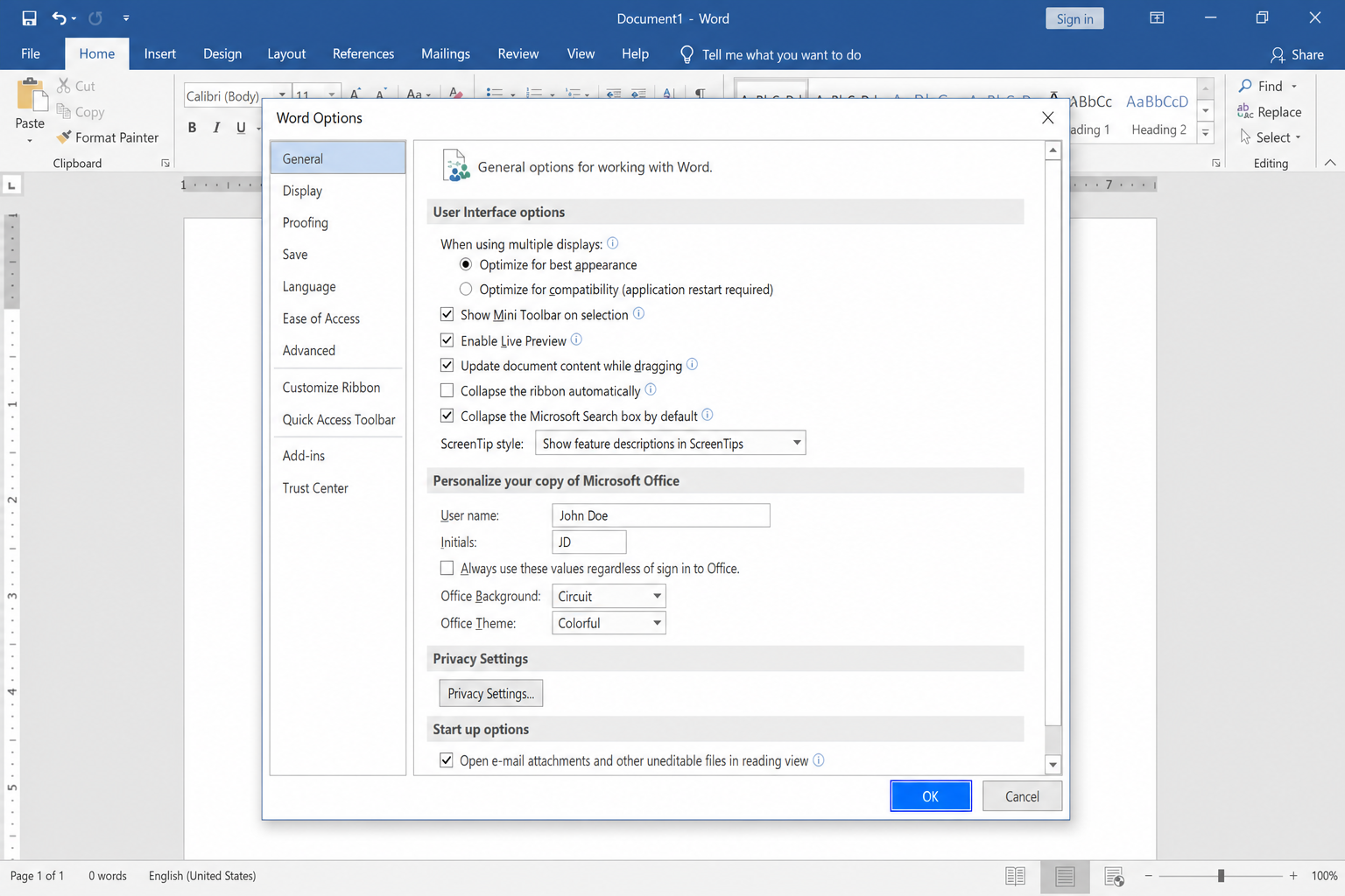 Word Options dialog with OK button highlighted at the bottom
