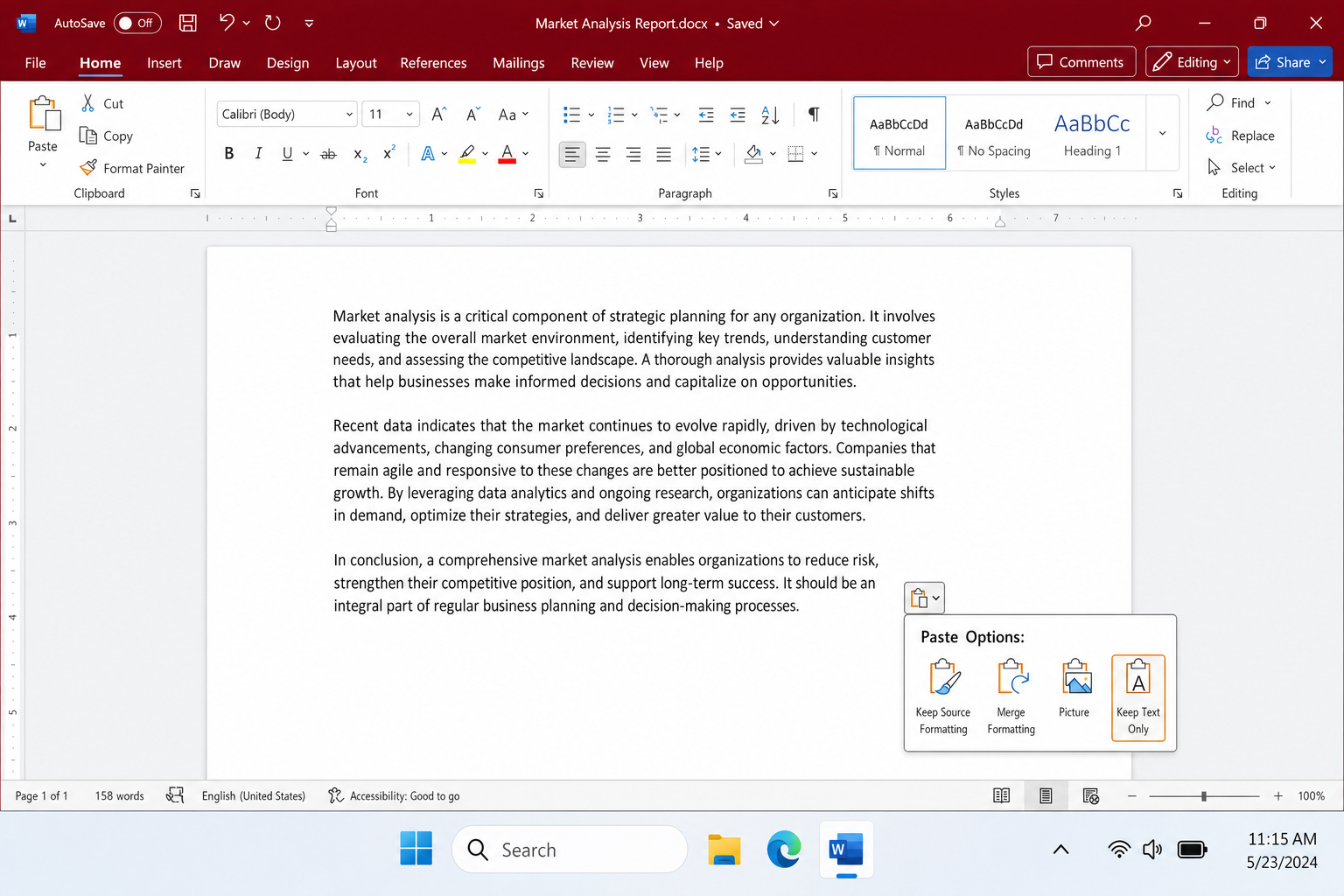 Text pasted into Word without source formatting, matching the document's default paragraph style