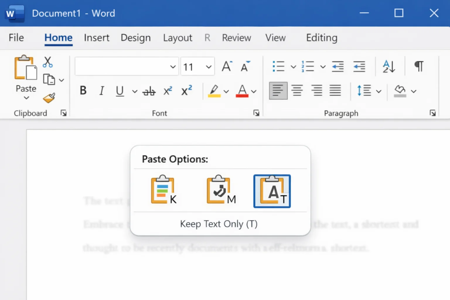 Paste Options popup showing Keep Source Formatting, Merge Formatting, and Keep Text Only icons, with Keep Text Only highlighted