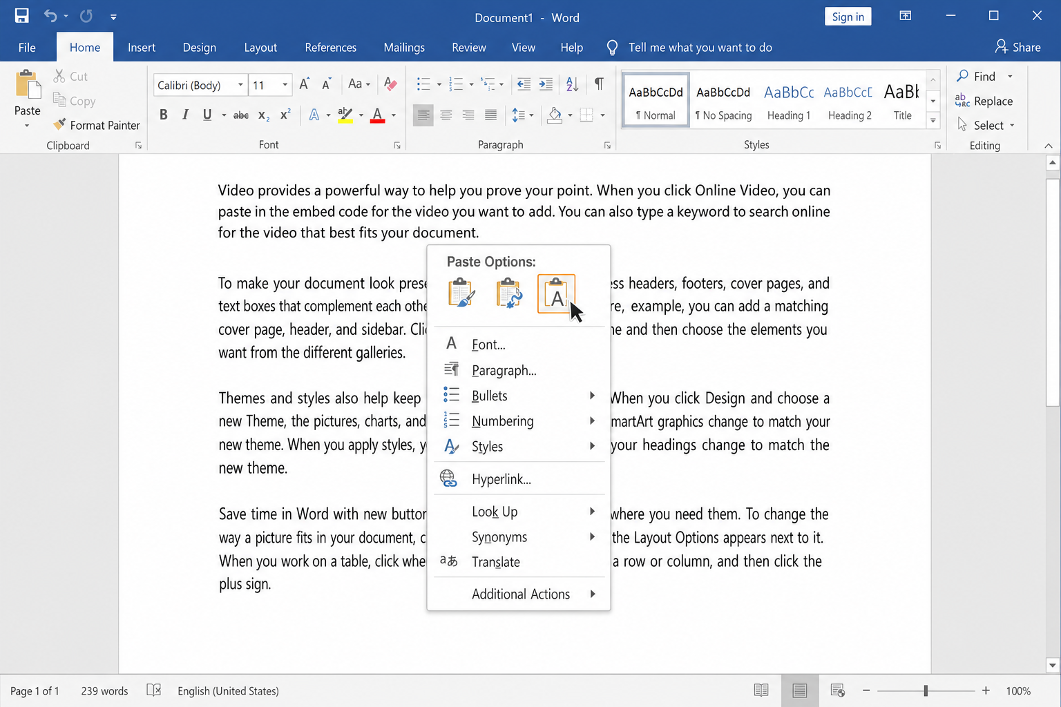 Right-click context menu in Word showing Paste Options row with Keep Text Only icon highlighted