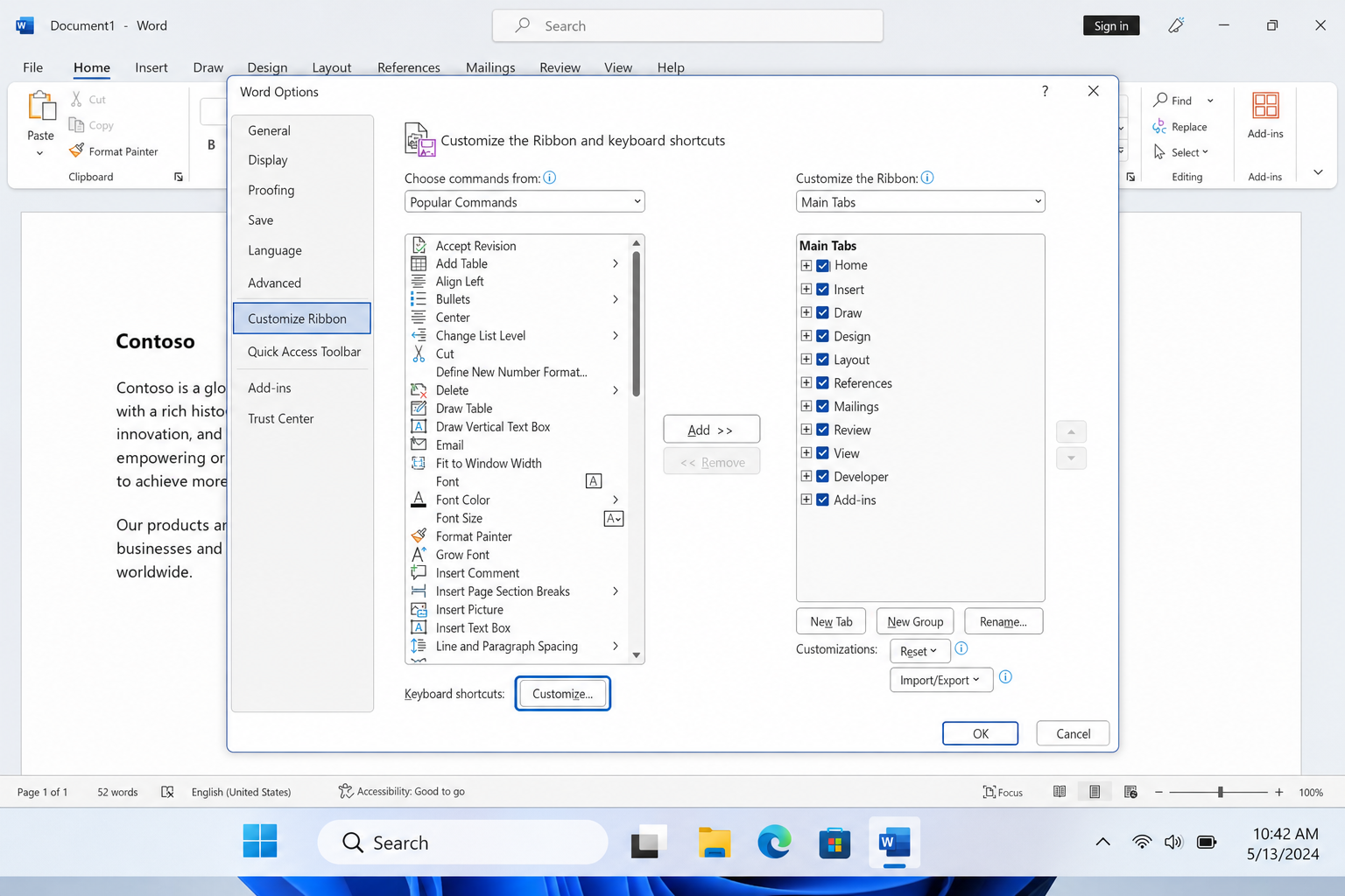 Word Options > Customize Ribbon with "Customize..." button next to Keyboard shortcuts highlighted at the bottom