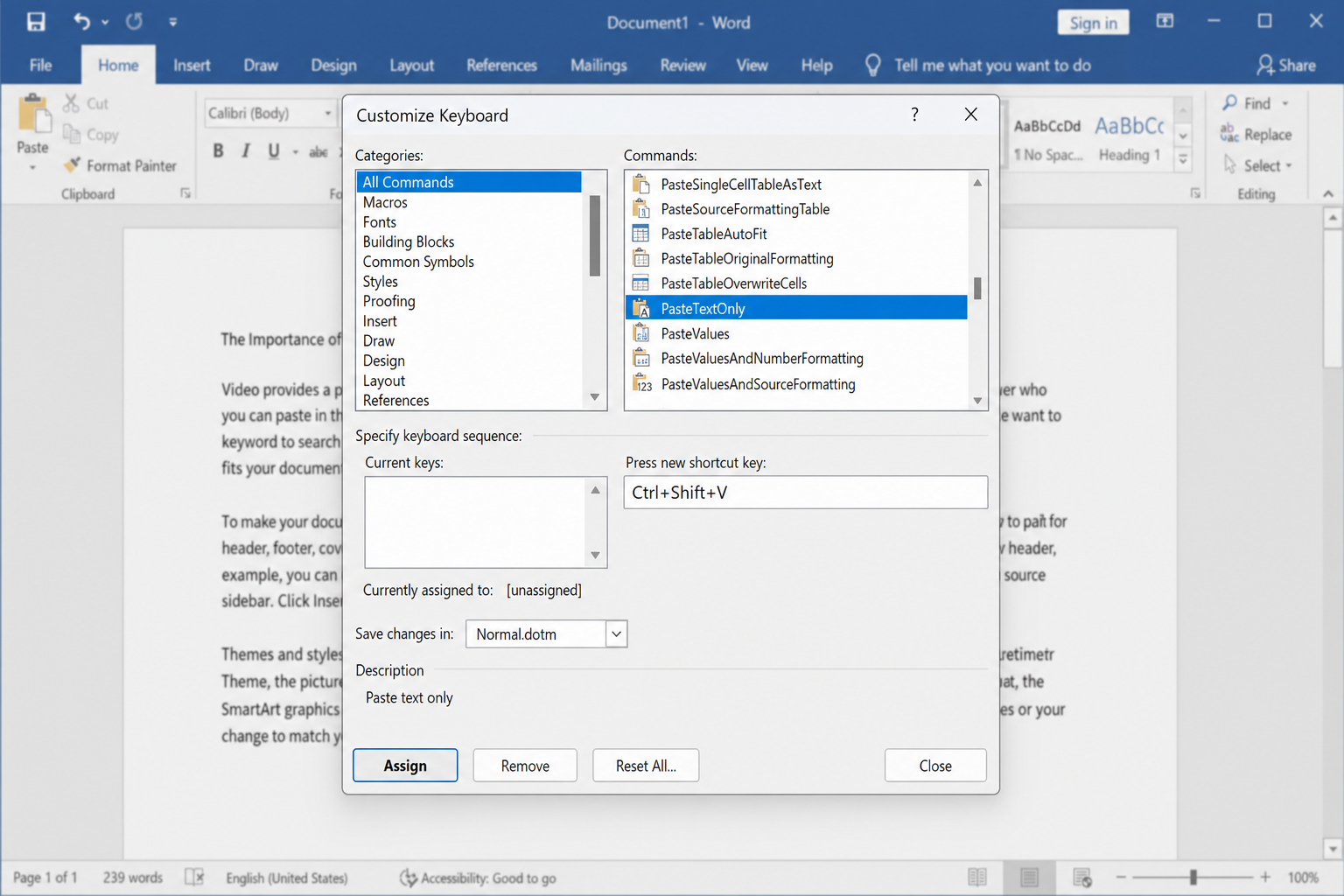 Customize Keyboard dialog with PasteTextOnly selected in Commands list, Ctrl+Shift+V entered in the shortcut field, and Assign button visible