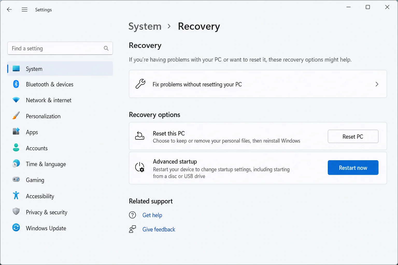 Windows 11 Settings/> System > Recovery page showing the Advanced Startup section with ‘Restart Now’ button highlighted”/></figure>



<ul class=