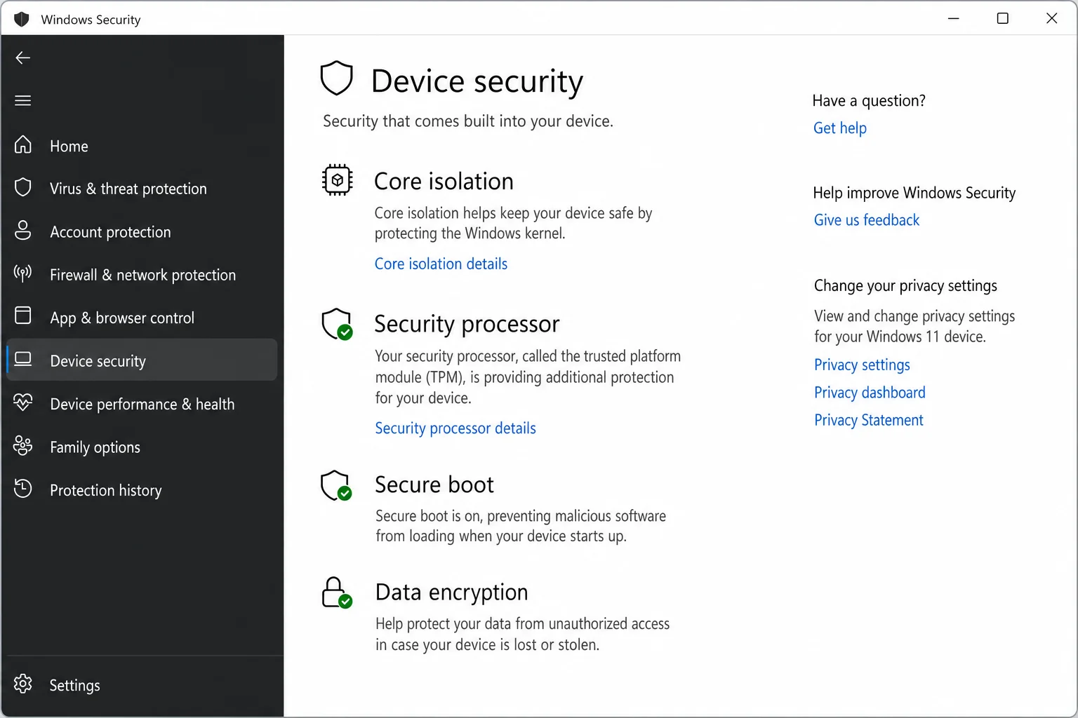 Windows 11 Windows Security app Device Security page showing the Security Processor section with 'Security processor details' link