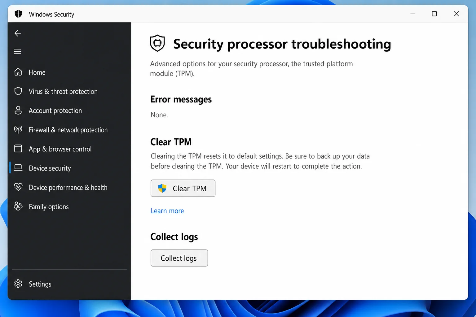 Windows Security/> Security Processor Troubleshooting page showing the Clear TPM button and warning text about key removal”/></figure>



<ul class=