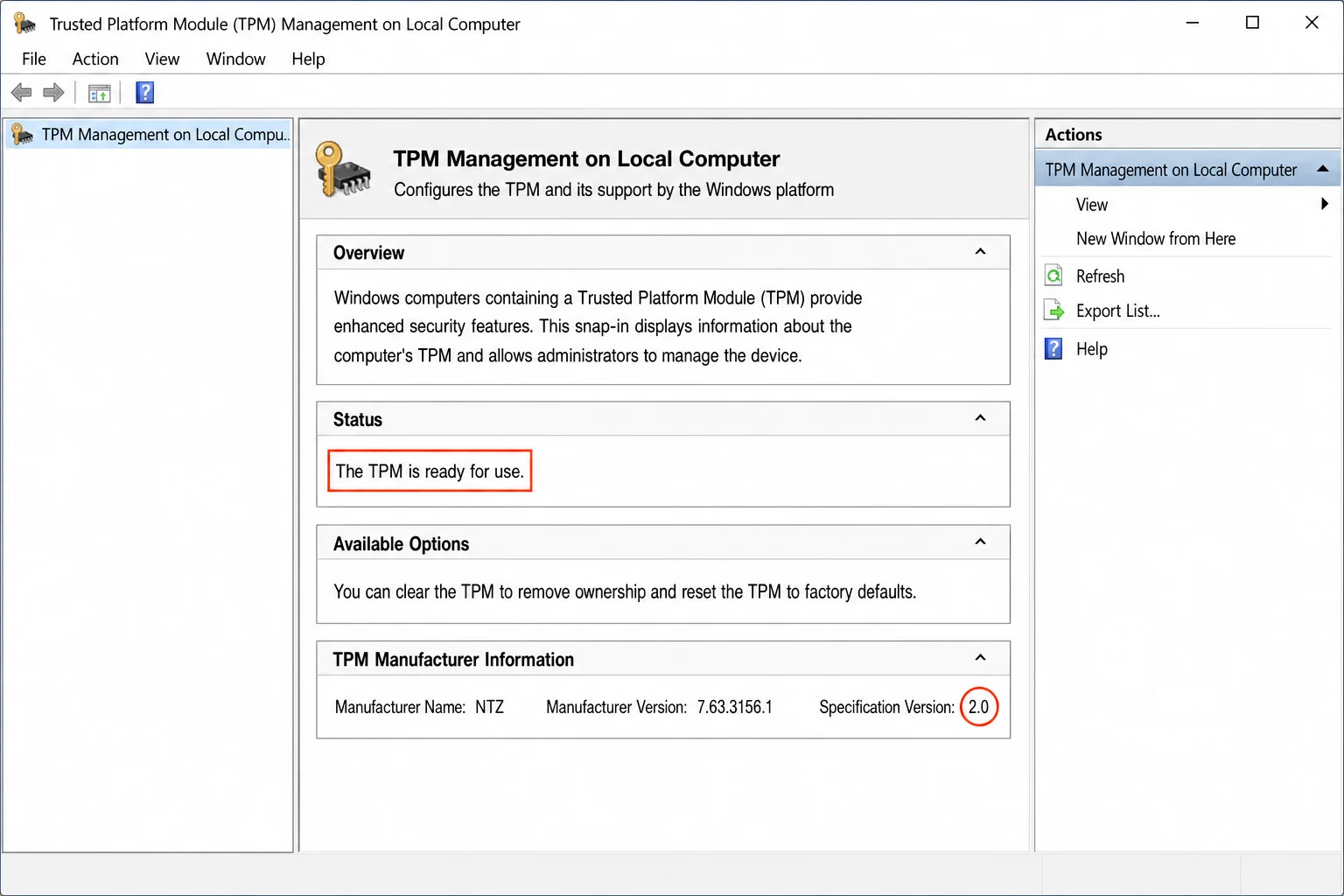 TPM Management Console showing 'The TPM is ready for use' with Specification Version 2.0 visible in the right panel