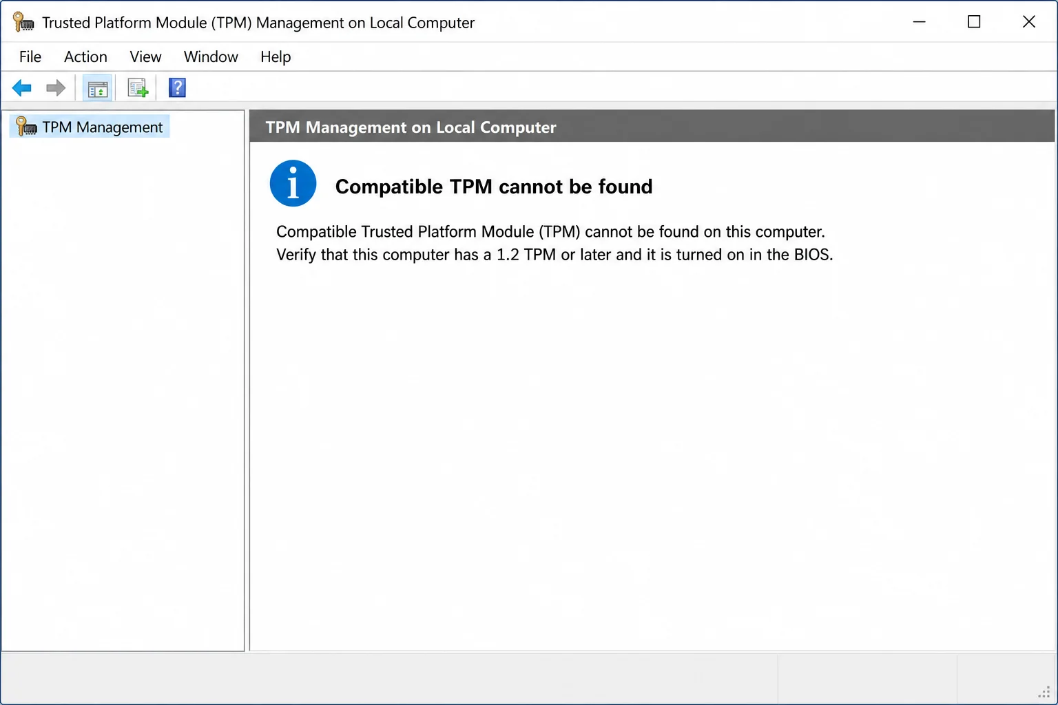 TPM Management Console showing 'Compatible TPM cannot be found' error state in the center panel