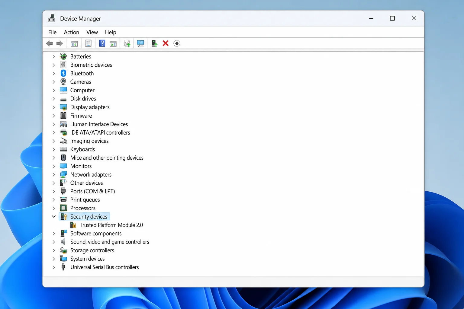 Windows 11 Device Manager with Security Devices section expanded showing 'Trusted Platform Module 2.0' entry