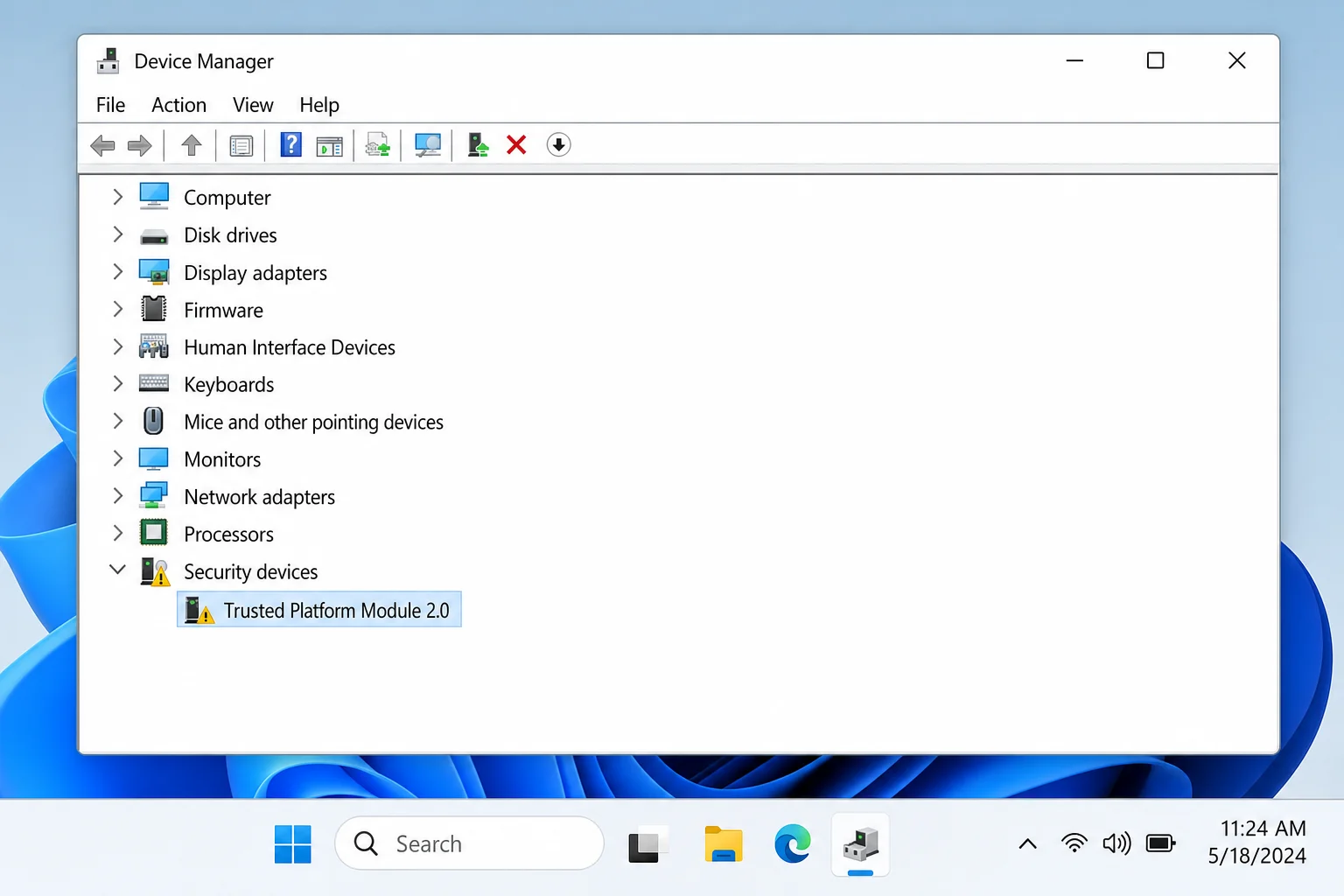 Windows 11 Device Manager showing TPM entry with yellow warning triangle under Security Devices