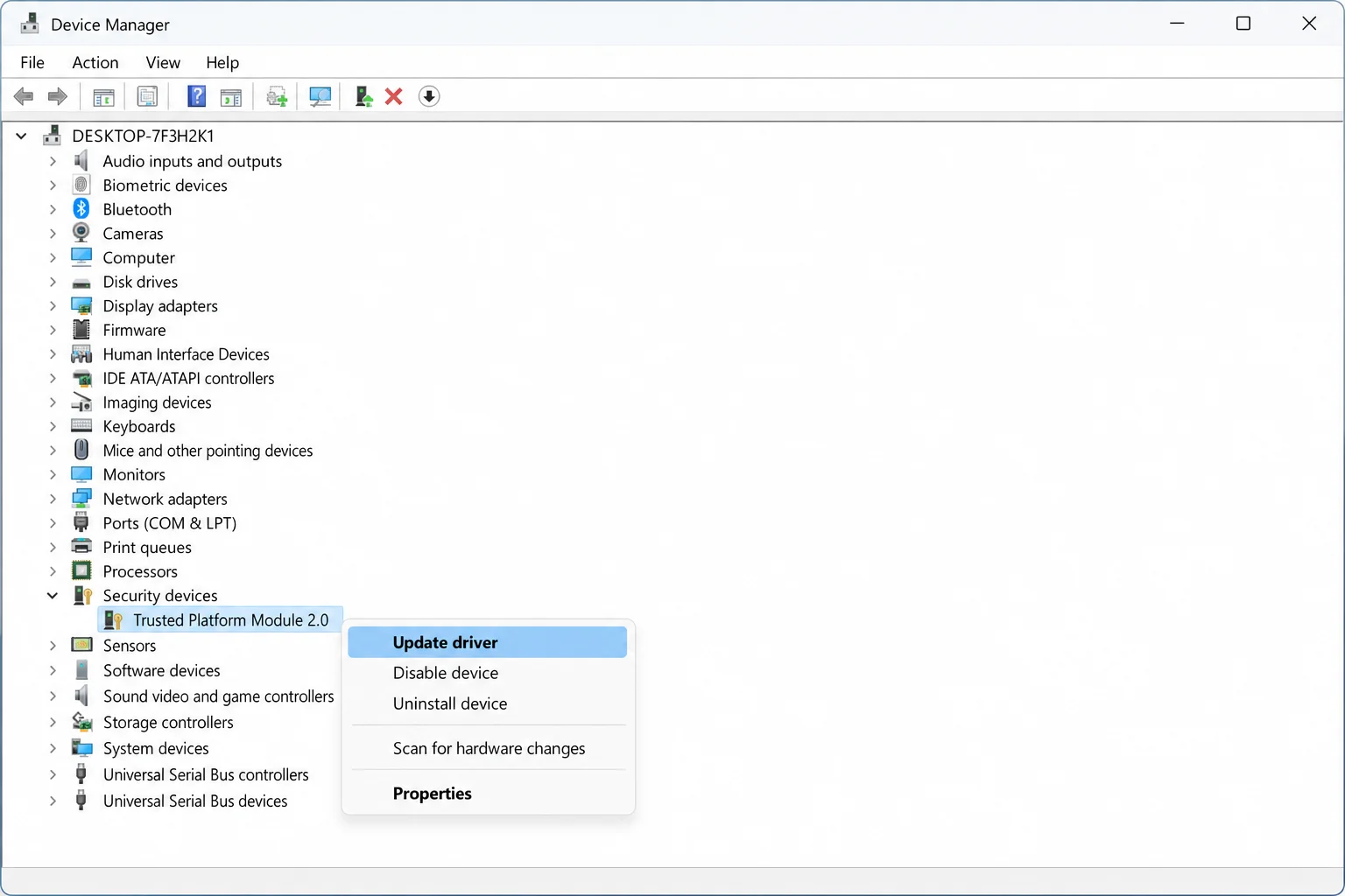 Windows 11 Device Manager with Security Devices expanded, right-click context menu open on Trusted Platform Module 2.0 showing Update driver option
