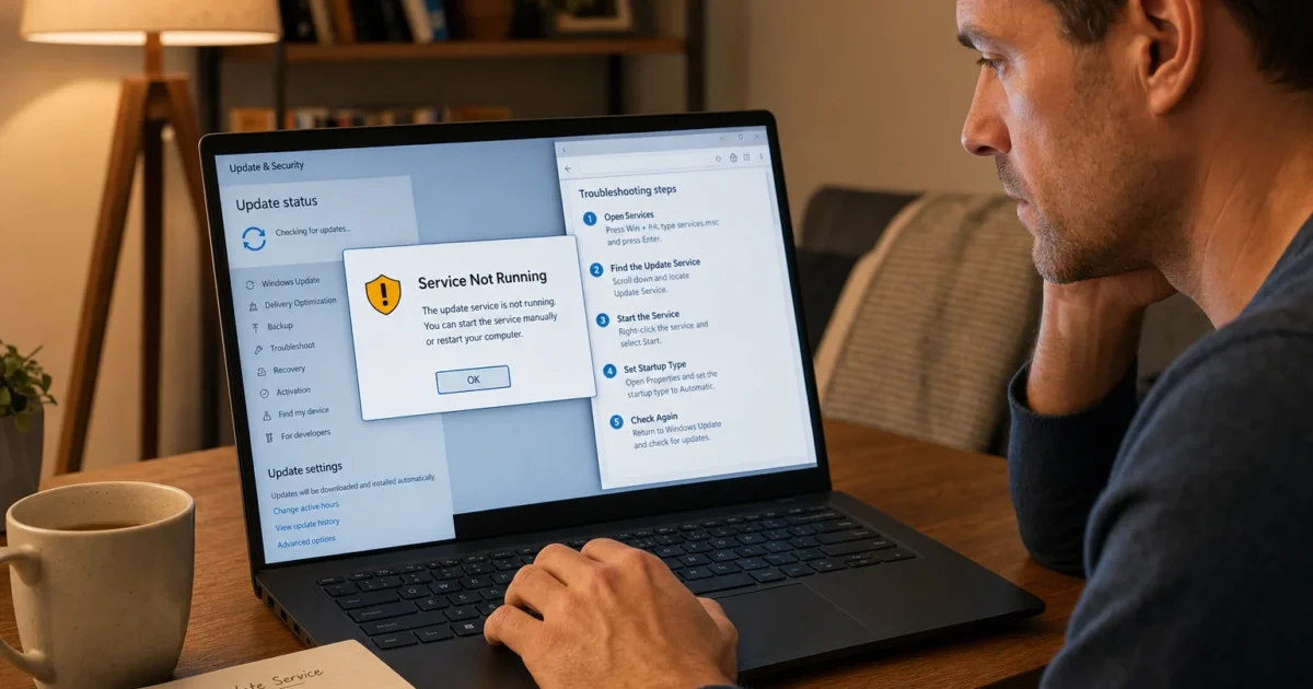 Man at a desk looking at a laptop screen that shows a 'Service Not Running' error and Windows update troubleshooting steps, with a notebook and mug nearby.