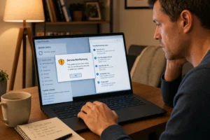 Man at a desk looking at a laptop screen that shows a 'Service Not Running' error and Windows update troubleshooting steps, with a notebook and mug nearby.