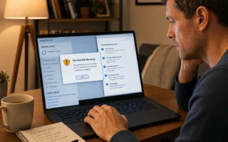 Man at a desk looking at a laptop screen that shows a 'Service Not Running' error and Windows update troubleshooting steps, with a notebook and mug nearby.