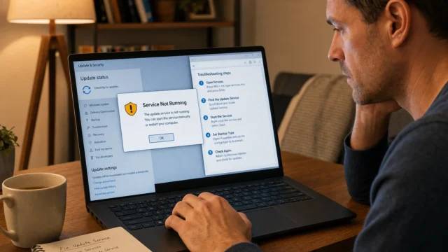 Man at a desk looking at a laptop screen that shows a 'Service Not Running' error and Windows update troubleshooting steps, with a notebook and mug nearby.
