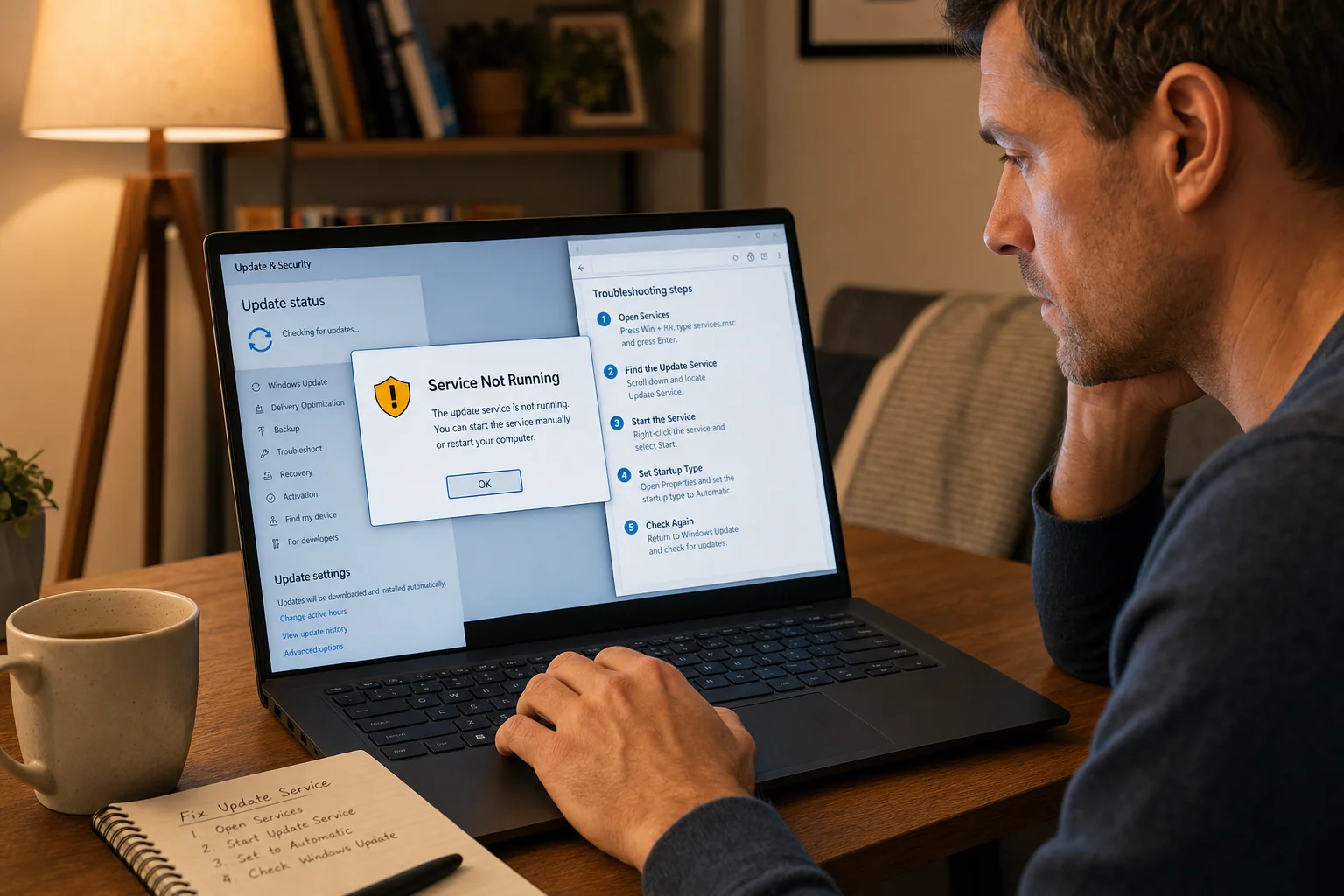 Man at a desk looking at a laptop screen that shows a 'Service Not Running' error and Windows update troubleshooting steps, with a notebook and mug nearby.