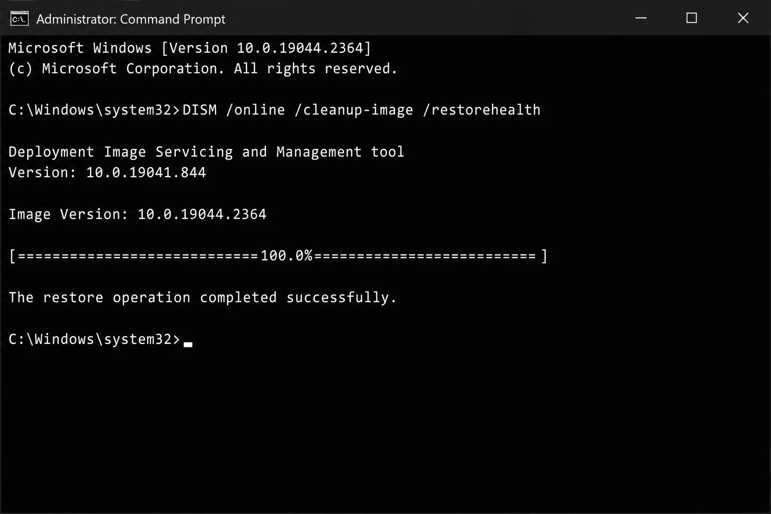 Administrator Command Prompt showing DISM /Online /Cleanup-Image /RestoreHealth command running with progress percentage visible