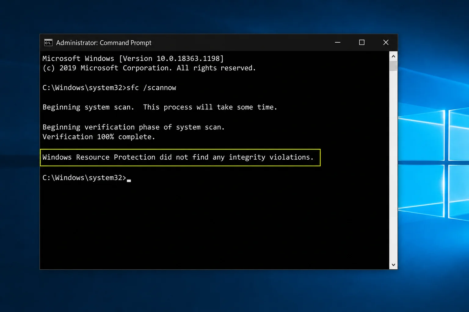 Administrator Command Prompt showing sfc /scannow running with Windows Resource Protection verification progress or completion message highlighted