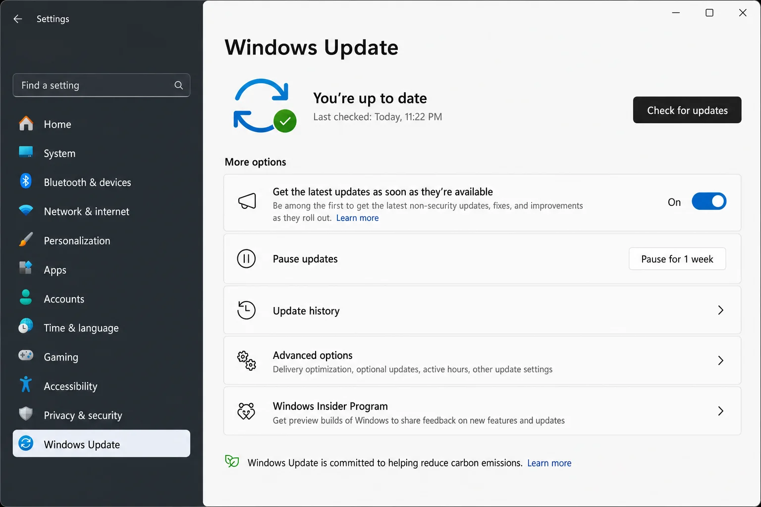Windows 11 Settings — Windows Update main page showing the update status section and Check for updates button