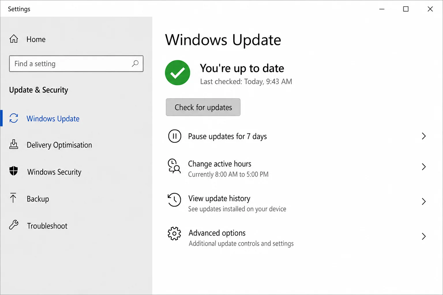 Windows 10 Settings — Update & Security/> Windows Update page showing the update status section and Check for updates button”/></figure>



<h2 class=