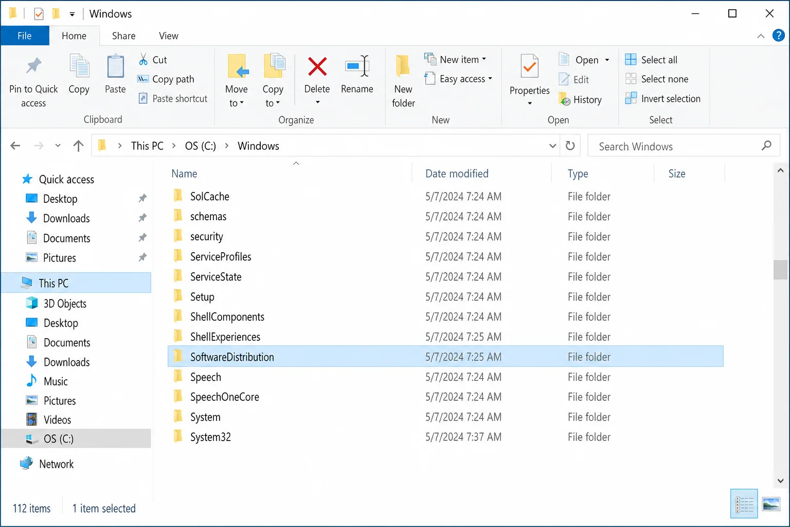 File Explorer showing C:\Windows\ directory with the SoftwareDistribution folder visible in the file list, address bar confirming the path