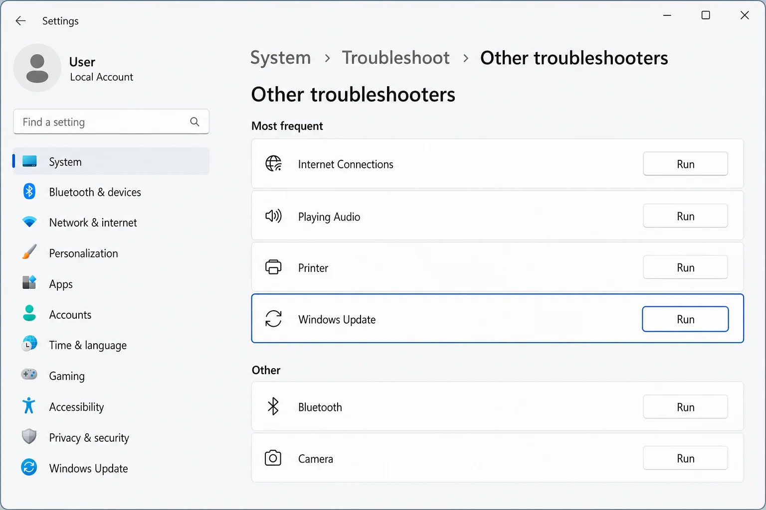 Windows 11 Settings — System/> Troubleshoot > Other troubleshooters page, with the Windows Update troubleshooter entry and Run button highlighted”/></figure>



<p class=