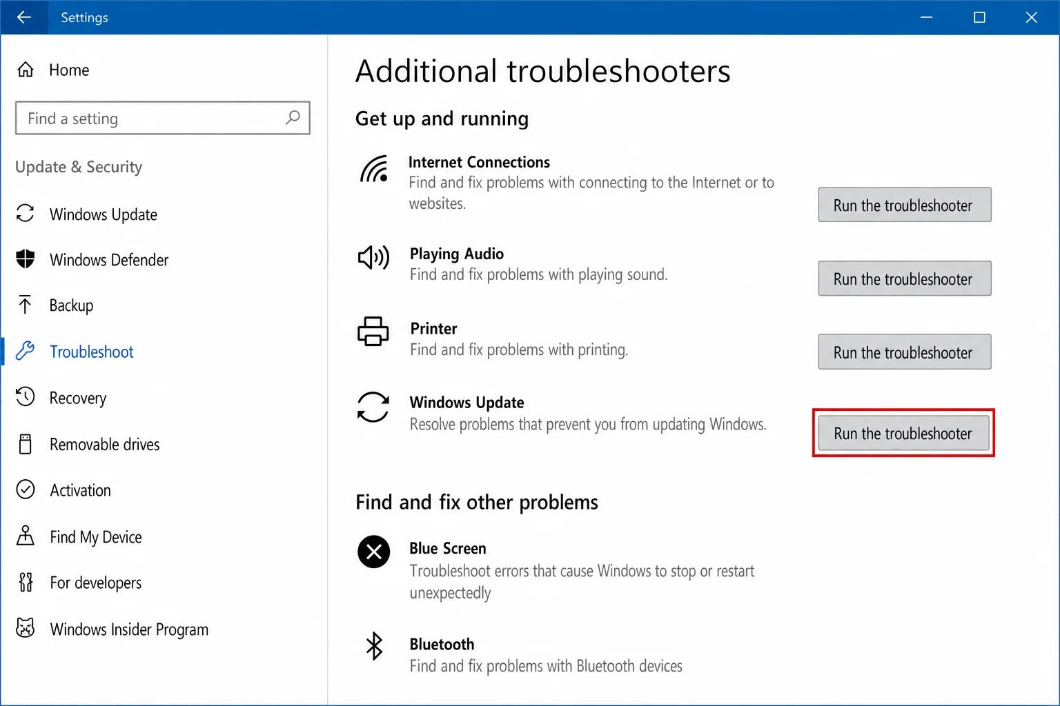 Windows 10 Settings — Update & Security/> Troubleshoot > Additional troubleshooters page, with Windows Update troubleshooter entry and Run the troubleshooter button highlighted”/></figure>



<p class=