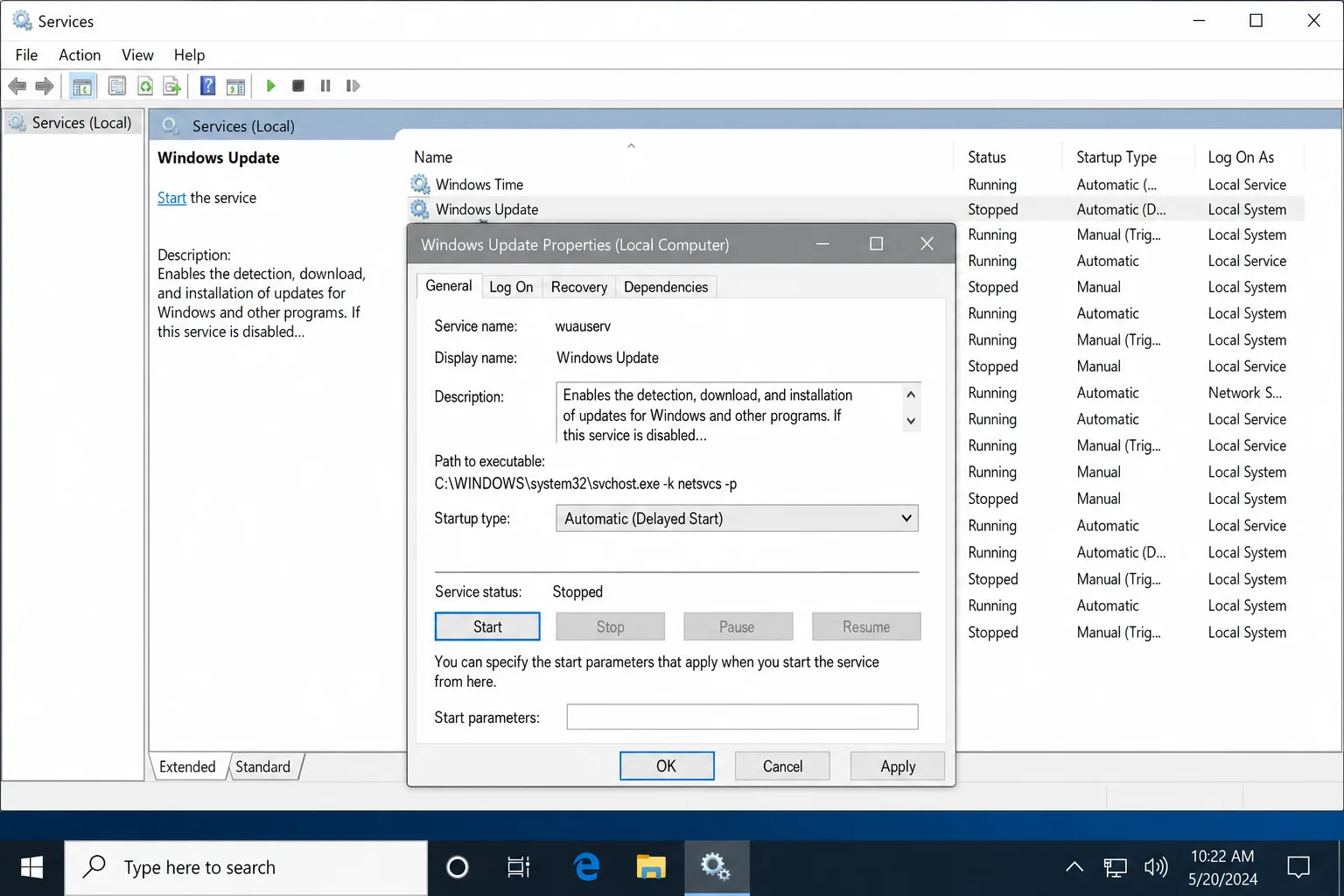 Services.msc console — Windows Update Properties dialog showing Startup type set to Automatic (Delayed Start) and the Start button under Service status highlighted