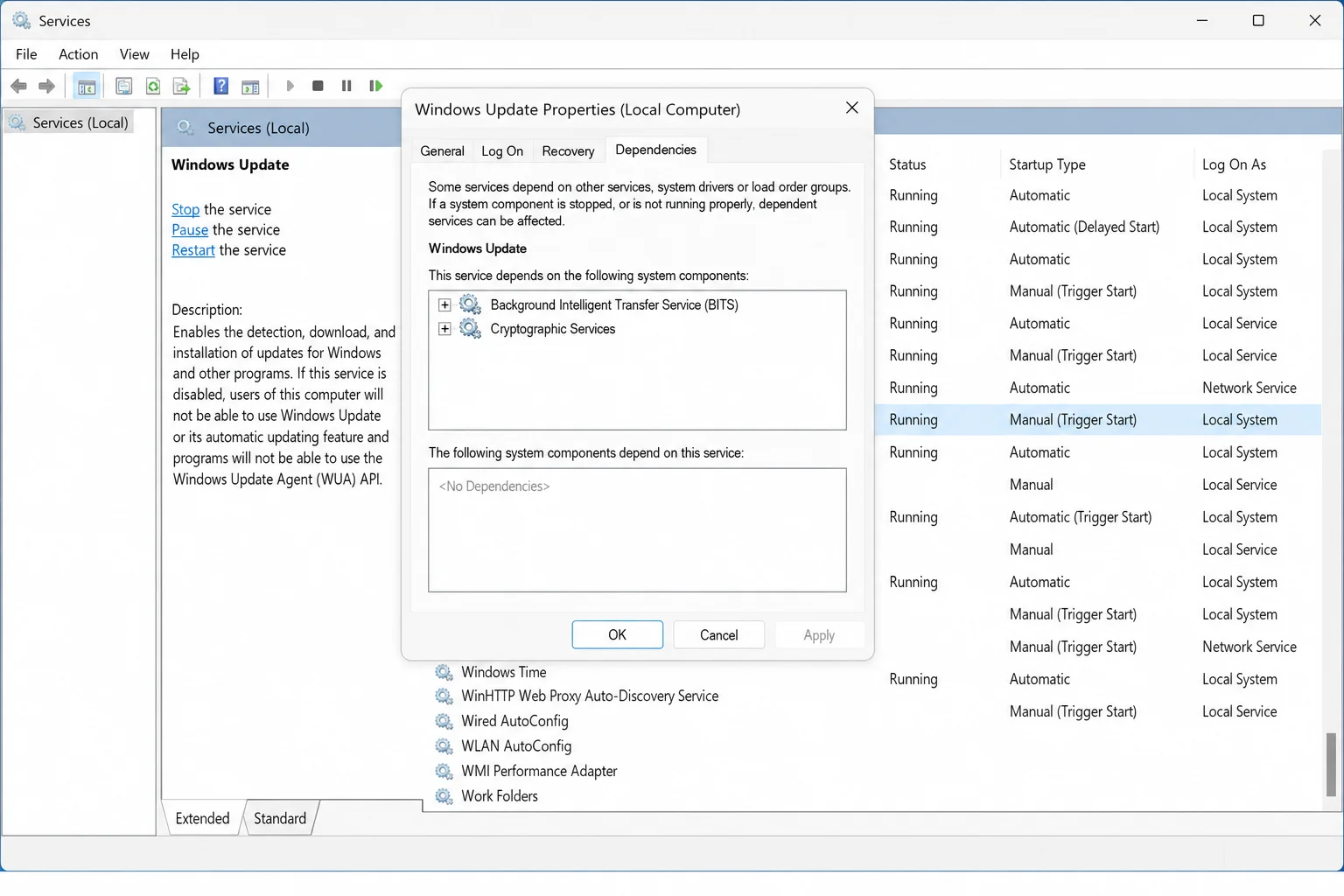 Services.msc — Windows Update Properties dialog Dependencies tab, showing BITS and Cryptographic Services listed as dependencies