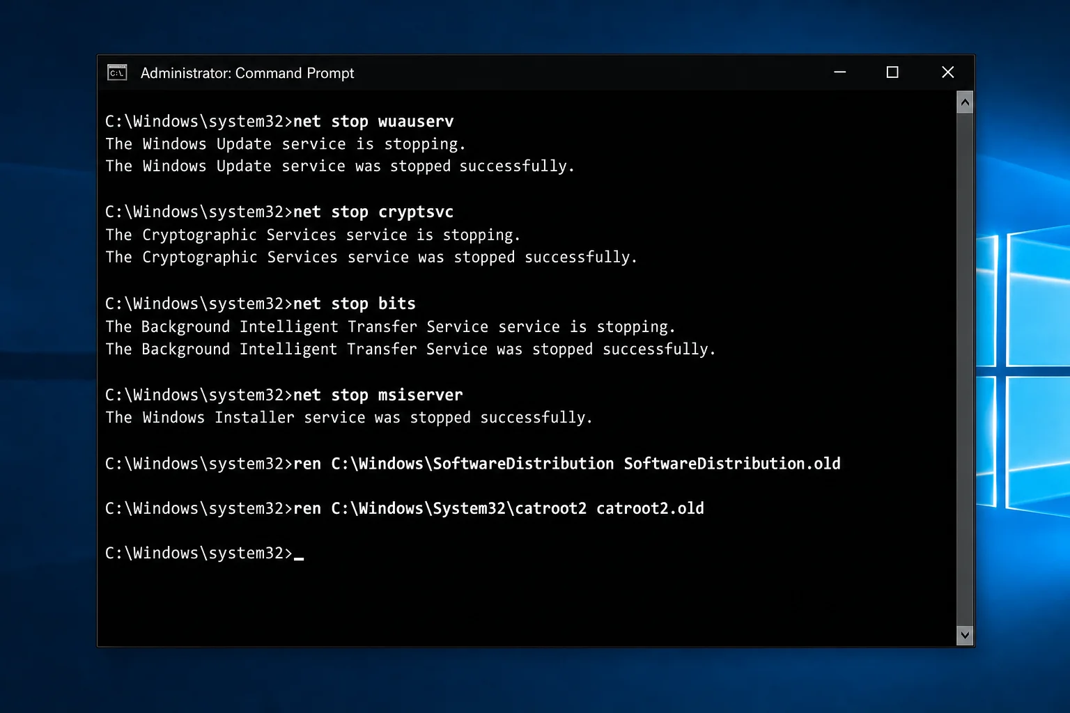 Administrator Command Prompt showing net stop wuauserv, net stop bits, net stop cryptsvc commands and the ren command renaming SoftwareDistribution — Administrator label visible in title bar